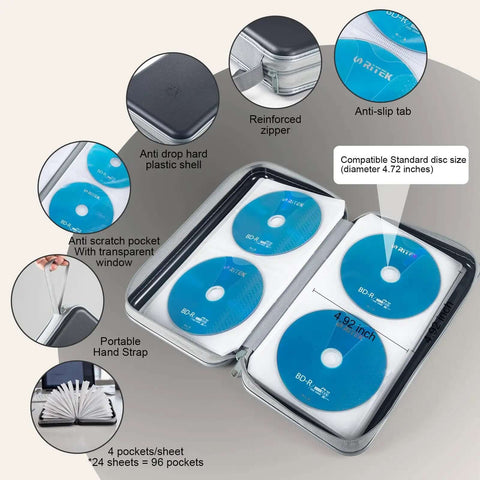 Kickass Heavy Duty CD Case For Cars With 96 Disc Capacity Hard Plastic DVD Organizer Wallet showing detailed features and CD slots.