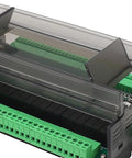 Plug And Play PLC Control Board With 32 Inputs And 24 Outputs For Industrial Automation Rock Solid High Performance Controller 24V Power Supply Supports Text And Touch Screen Interfaces, featuring detailed green terminal connectors and transparent cover in high-quality finish.
