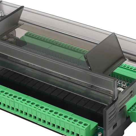 Plug And Play PLC Control Board With 32 Inputs And 24 Outputs For Industrial Automation Rock Solid High Performance Controller 24V Power Supply Supports Text And Touch Screen Interfaces, featuring detailed green terminal connectors and transparent cover in high-quality finish.