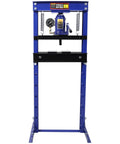 Front view of Beefy 20 Ton Hydraulic Shop Press With Bottle Jack And Pressure Gauge For Bending Straightening Installing Bearings U Joints And Bushings Heavy Duty Steel Frame Blue.