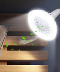 E27 Ceiling Fan with LED Light 5-Blade Modern Lamp 5.79inch Fan Lamp Adjustable Speed with E27 Lamp Head AC85V-265V lighting a bedside with airflow.
