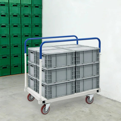 Beefy Heavy Duty Moving Dolly With 1500 Lb Capacity, Steel Platform Cart, Four Wheel Panel Cart, Rugged Steel Frame For Moving Heavy Gear And Equipment, Ideal For Garages, Warehouses, And Loading Jobs, Smooth Roll With Four Wheel Design, gray crates on cart