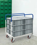 Heavy Duty Panel Cart Dolly 1500 Lbs Capacity With Detachable Steel Frame For Warehouse Use Pro Grade Industrial Moving Smooth Castors With Brakes For Stable Easy Load And Transport, loaded with gray crates