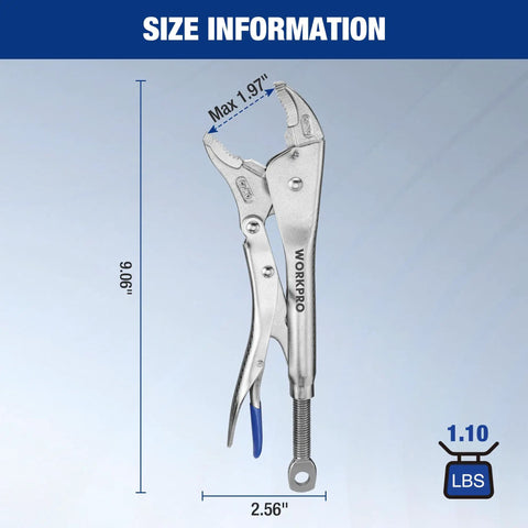10 Inch Curved Jaw Locking Pliers With Screw Extractor, CR-MO Steel Build, dimensions and weight shown, side view