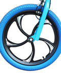 20 Inch Aluminum One Piece Bike Wheel With 5 Spoke Rim For Mountain Folding Kids And BMX Bikes Disc Brake And Freewheel Hub Compatible 420mm Diameter 30mm Wide Schrader Valve Nylon Brake Pads Solid Axles, close-up view with blue tire and brake detail