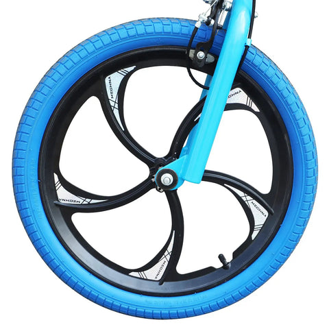 20 Inch Aluminum One Piece Bike Wheel With 5 Spoke Rim For Mountain Folding Kids And BMX Bikes Disc Brake And Freewheel Hub Compatible 420mm Diameter 30mm Wide Schrader Valve Nylon Brake Pads Solid Axles, close-up view with blue tire and brake detail