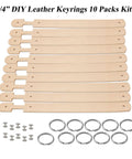 Premium Blank Natural Leather Keychains 10 Pack with Heavy Duty Metal Swivel Clasps, featuring 10 blank strips and 10 keyring clasps.