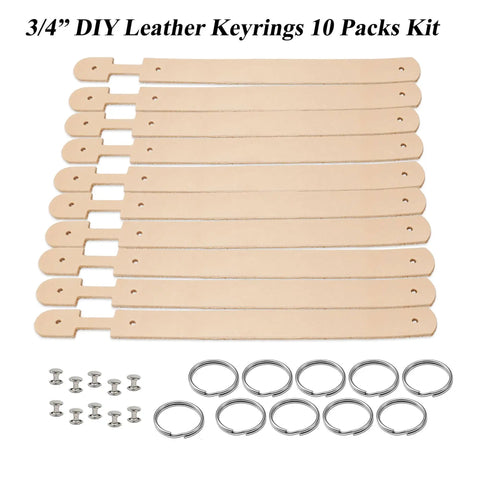 Premium Blank Natural Leather Keychains 10 Pack with Heavy Duty Metal Swivel Clasps, featuring 10 blank strips and 10 keyring clasps.