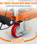 Hydraulic lift table cart, 1100-lb capacity, orange frame, four wheels, red caster wheel (front view)