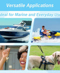 Two-pack marine carabiner snap hooks, stainless steel for boat docking; collage shows yacht, jet ski, keys, dog.