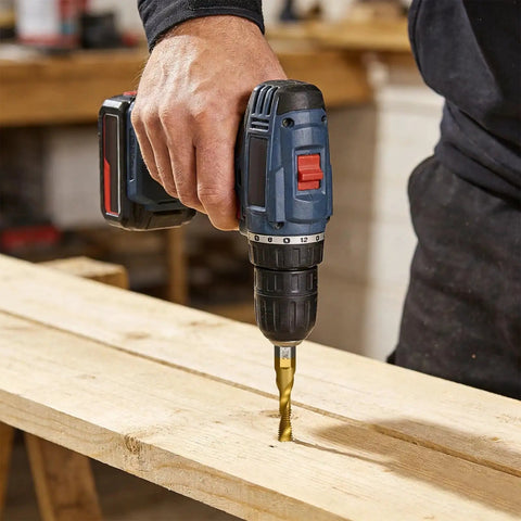 Using Six Piece Drill Tap Set Three In One Combo Hex Shank Bits HSS 4341 on wood in workshop