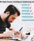 Man using an 80W adjustable temperature soldering iron on a circuit board with features listed, including auto-sleep and rapid warming.