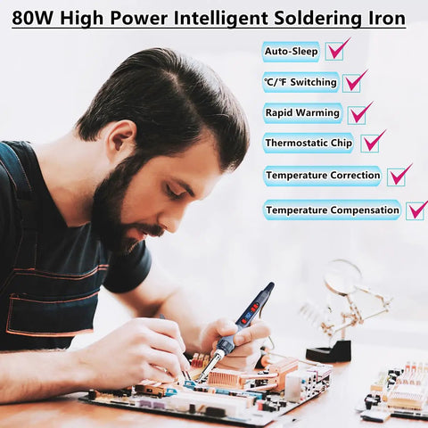 Man using an 80W adjustable temperature soldering iron on a circuit board with features listed, including auto-sleep and rapid warming.