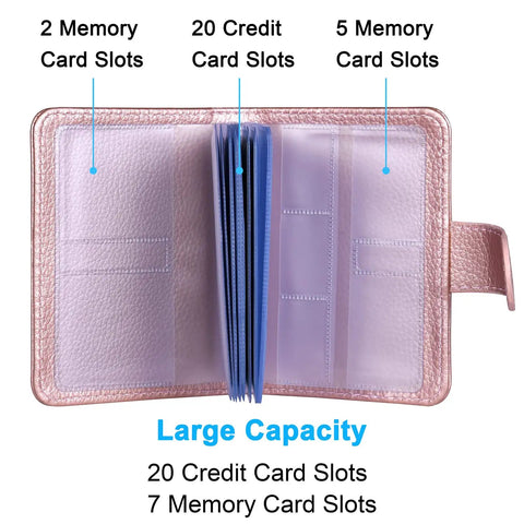 Open slim RFID blocking card holder wallet organizer case with magnetic closure in PU leather, vertical rose gold, showing 20 card slots, 10 double sided, and 7 small memory card pockets.