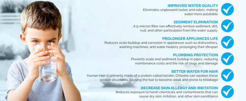 Child drinking water with benefits of Whole House 3-Stage Water Filtration System With Three Quarter Inch Port, Dual Valves, And Extra One Year Filter Supply displayed