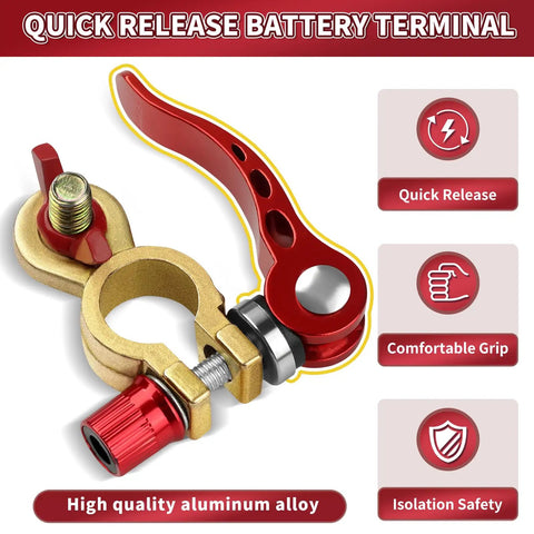 Beefy Brass Battery Terminal Connectors Kit with M8 x 25mm Bolt, featuring red quick release handle and anti corrosion pad
