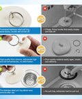 Six Size Universal Drain Stopper Set With Pull Ring Rubber Sink Plugs For Kitchen Bath Laundry And Tub That Easily Fits Seven Eighths Inch To Two Inches Across Six Sizes White, showing pull ring benefits and competitor comparison.