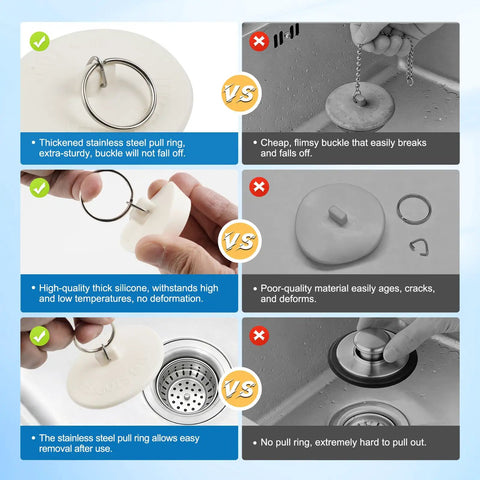 Six Size Universal Drain Stopper Set With Pull Ring Rubber Sink Plugs For Kitchen Bath Laundry And Tub That Easily Fits Seven Eighths Inch To Two Inches Across Six Sizes White, showing pull ring benefits and competitor comparison.
