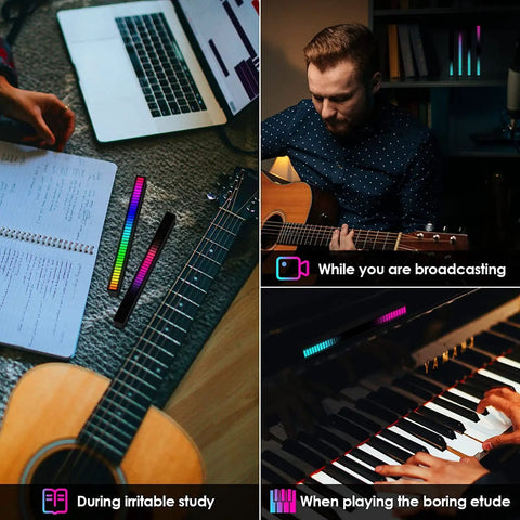 RGB Rechargeable Sound Control Lights With Voice Activated Music Rhythm, used with guitar, broadcast, and piano.