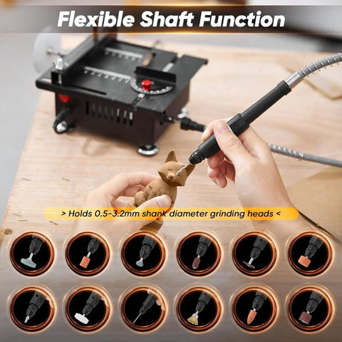 Compact Mini Table Saw For Sharp Wood And Acrylic Cuts Portable Desktop Electric Craft Tool Quick Blade Swaps For PCB Boards Copper Pipes And Sheet Metal Knuckle Down With Precision Cuts showing flexible shaft and grinding heads for detailed carving.