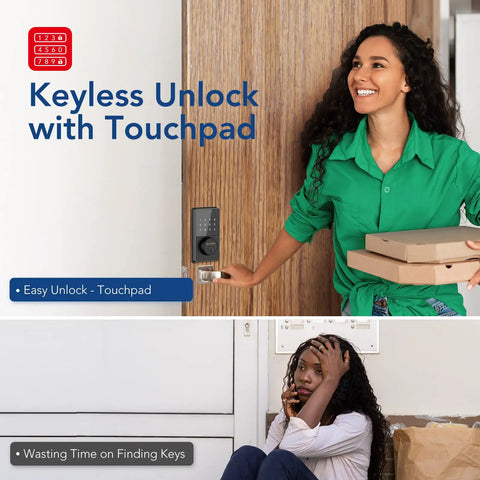 Woman using Bluetooth Smart Lock With Keyless Entry And Touchscreen Keypad on front door; another woman searching for keys.