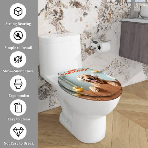 Elongated Toilet Seat for Bathroom Decor featuring a dog print, fitting standard toilets for playful bathroom styling.