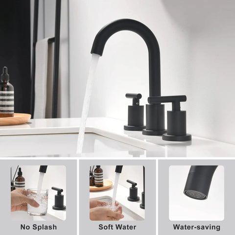 Two Handle Widespread Matte Black Bathroom Faucet for 3 Hole Vanities 8 Inch Centers with Pop Up Drain and cUPC Supply Lines
