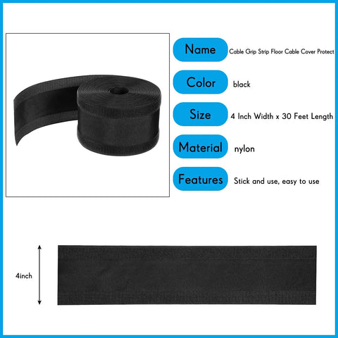 4 Inch By 30 Feet Floor Cord Cover For Carpet Black Cable Protector And Wire Management in black nylon.