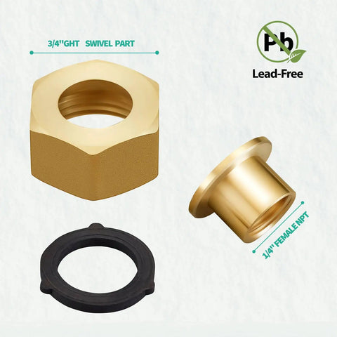 Brass Hex Swivel Garden Hose Connector Adapter Two Pack One Quarter Inch NPT To Three Quarter Inch Female Garden Hose Thread Lead Free Fitting For Fuel Water Air Oil Gas WOG With Ten Millimeter Allen Wrench To Prevent Turning, 3/4 GHT brass adapter and gasket