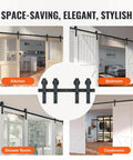 8 Ft Double Door Sliding Barn Door Hardware Kit with Quiet I Shaped Rollers installed in different rooms like kitchen, bedroom, shower room, and cloakroom.