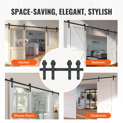 8 Ft Double Door Sliding Barn Door Hardware Kit with Quiet I Shaped Rollers installed in different rooms like kitchen, bedroom, shower room, and cloakroom.