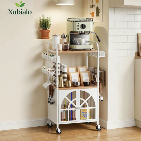 Slick 3 Tier Rolling Coffee Bar Cart For Compact Kitchens Featuring Space Savvy Corner Layout Easy Glide Casters And Nifty K Cup Pod Rack Plus Storage Hooks with coffee maker.