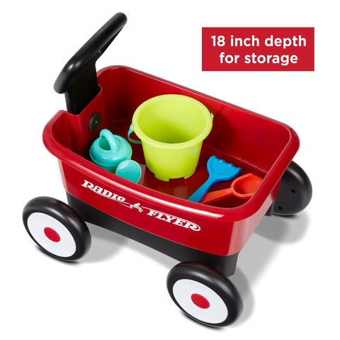 Push And Pull Walker Wagon With Garden Tools For Kids One To Four Years Old Locking Handle For Stability Converts From Baby Push Walker To Pull Wagon For Indoor And Outdoor Play Kid Friendly showing tools inside
