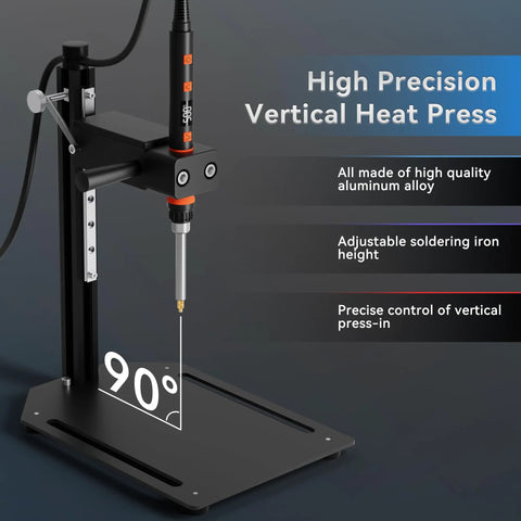 Vertical Heat Set Insert Tool With 90W Soldering Iron For 3D Printed Parts Brass Threaded Inserts M2 Through M8 Tip Adapter Included Easy Pressing And Durable Base For DIYers And Makers Plastic Projects, showing a precise vertical press.