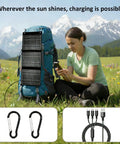 Foldable 28W Solar Charger With Dual USB Outputs For Camping Hiking And Travel Keeps Your Phone Tablet And Other Devices Juiced On Outdoor Adventures Anywhere on backpack