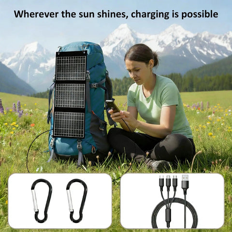 Foldable 28W Solar Charger With Dual USB Outputs For Camping Hiking And Travel Keeps Your Phone Tablet And Other Devices Juiced On Outdoor Adventures Anywhere on backpack