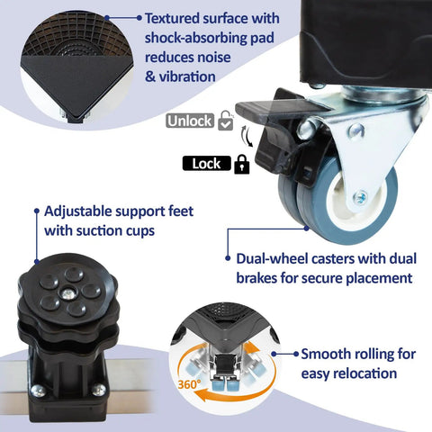 Close-up of Heavy Duty Appliance Dolly With 10 Support Feet And Four Locking Swivel Wheels showcasing adjustable support feet and dual-wheel casters.