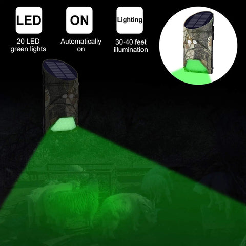 Heavy Hitter Solar Game Feeder Lights With Vibrant Green Motion Detection For Night Hunting And Feeding Deer Hogs Predators Coyotes And Varmints In A Smooth Two Pack Field Ready Kit cast in green light in a dark setting.