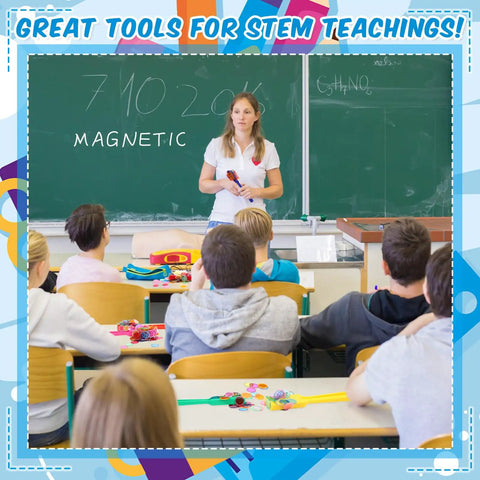Teacher using Seven Colorful Magnetic Bingo Wands With 200 Magnetic Chips in a classroom setting for interactive learning.