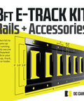 Product focus keyword is: E Track Rail Tie Down Kit 28 Piece Set With 8 Foot Rails End Caps Rope Tie Offs And O Ring Anchors Heavy Duty Cargo Securing System For Trucks Vans And Trailers. 8 ft black E-track rail kit with measurement labels