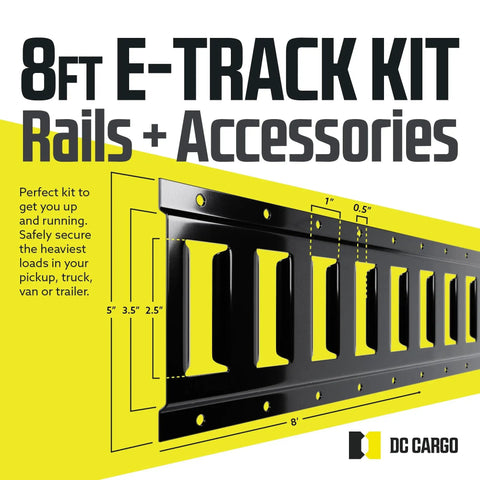 Product focus keyword is: E Track Rail Tie Down Kit 28 Piece Set With 8 Foot Rails End Caps Rope Tie Offs And O Ring Anchors Heavy Duty Cargo Securing System For Trucks Vans And Trailers. 8 ft black E-track rail kit with measurement labels