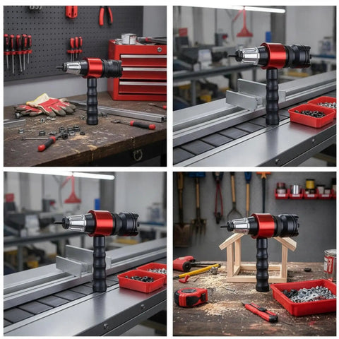 Compact Rivet Nut Tool Kit With Wrench For Mechanics Guys Makes Fastener Install Easy Super Portable And Totally Handy For Any Auto Shop Or Home Project. Drill adapter rivet nut tool with red metal body, black handle, and mandrels for shop use.
