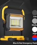 Beast Mode Bright Rechargeable Portable LED Work Light With Stand 8000 Lumen Output highlighting settings and emergency flash mode