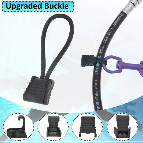 4 Pack Diving Hose Holder Clips For Scuba Gear with durable bungee cord securing hose, close-up of buckle and clip design
