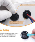 33-Piece Rubber Grommet Kit With Retractable Box Knife, showing rubber grommets protecting cables and a box knife cutting a gasket.