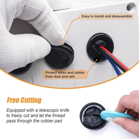 33-Piece Rubber Grommet Kit With Retractable Box Knife, showing rubber grommets protecting cables and a box knife cutting a gasket.