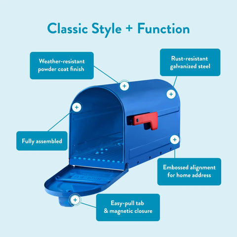 Blue Medium Post Mounted Outdoor Mailbox Weatherproof And Rust Resistant Galvanized Steel Construction Built To Withstand Rain Snow And Sun For Year Round Reliability And Everyday Use, showing open door and details like weatherproof finish and easy-pull tab.