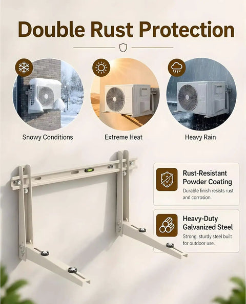 Heavy Duty Mini Split Wall Mount Bracket for outdoor units, showing rust protection in snow, heat, and rain, 550 lb load capacity