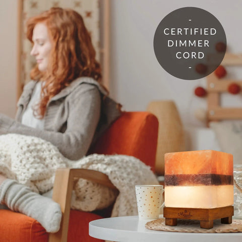 Dual Illumination Himalayan Salt Rock Lamp on table in cozy living room with dimmer control and hand-crafted design.