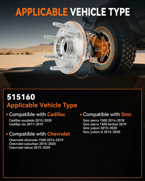 2 Pack Front Wheel Bearing Hub Assembly 515160 Fits Chevy Silverado 1500 Suburban Tahoe GMC Sierra 1500 Yukon Cadillac Escalade XTS ABS 6 Lug 2014 Through 2020 Vehicles next to vehicle wheel.
